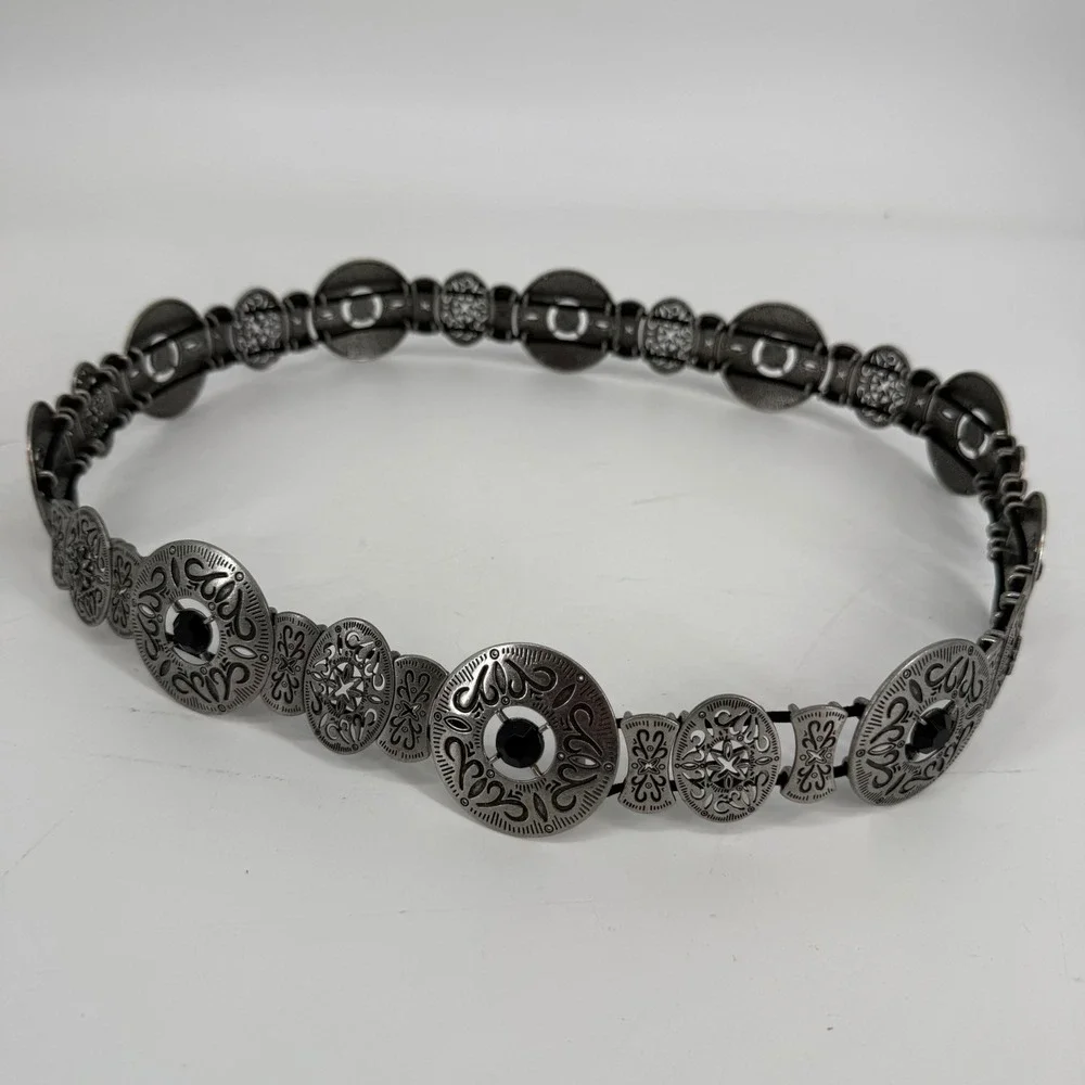 Vintage Y2K Silver Tone Concho Belt Black‎ Rhinestone Boho Western Festival 37